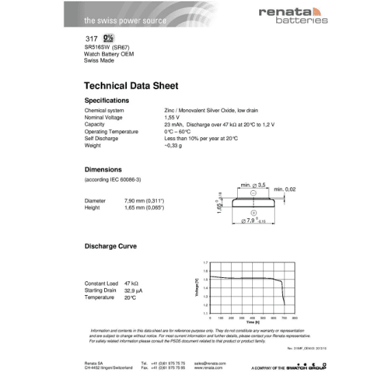 Renata 317 Watch Battery Cross Reference Guide Chart