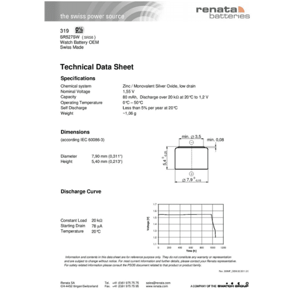 Renata 319 Watch Battery Cross Reference Guide Chart