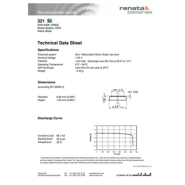 Renata 321 Watch Battery Cross Reference Guide Chart