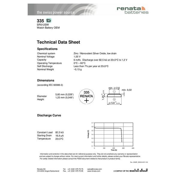 Renata 335 Watch Battery Cross Reference Guide Chart