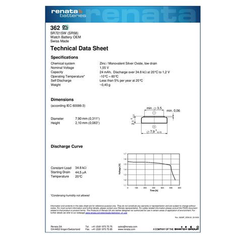 Renata 362 Watch Battery Specification