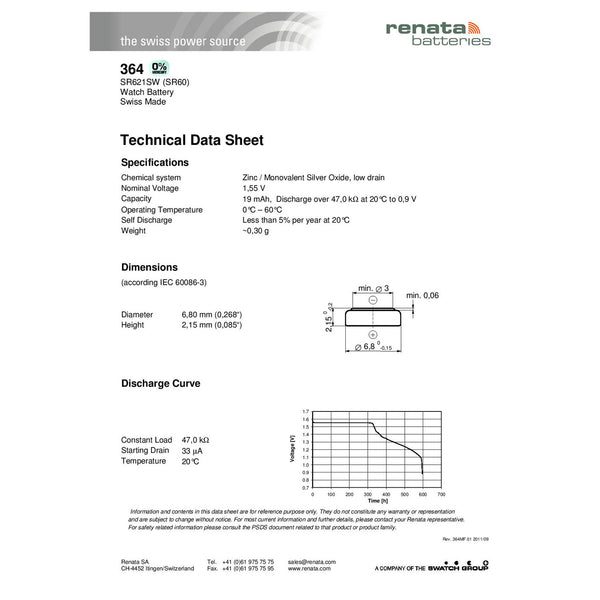 Renata 364 Watch Battery Specification