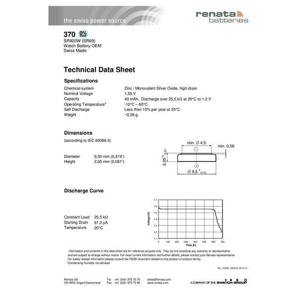 Renata 370 Watch Battery Specification