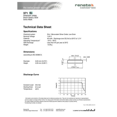 Renata 371 Watch Battery Swiss Made Batteries SR920SW V371 D371 S921E 605 280-31 SB-AN SR69 Silver Oxide 1.55V Coin Cell