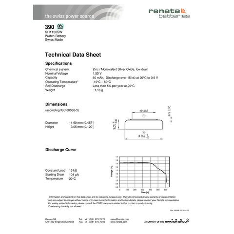 Renata 390 Watch Battery Specification