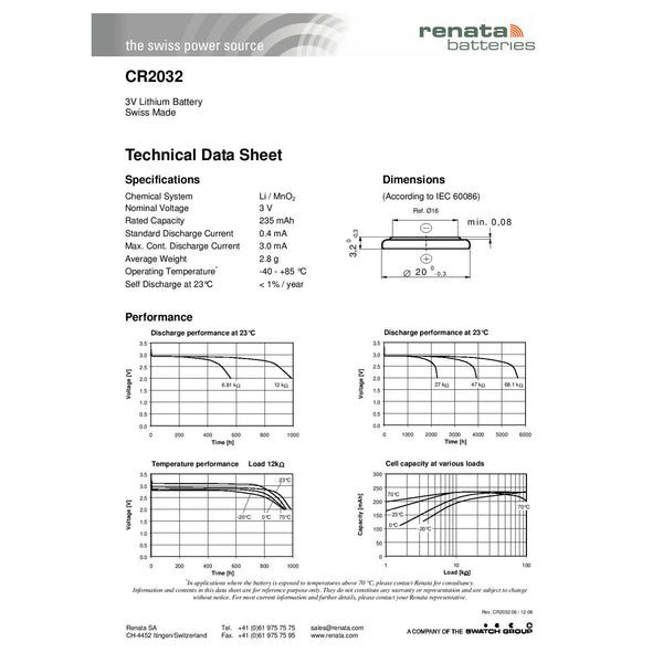 Renata CR2032 Watch Battery Technical Specification Details