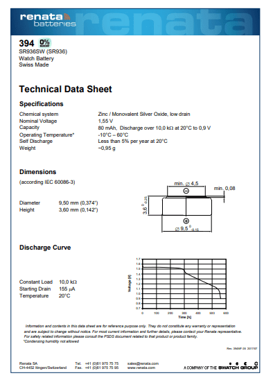 Renata 394 Watch Battery Specfication