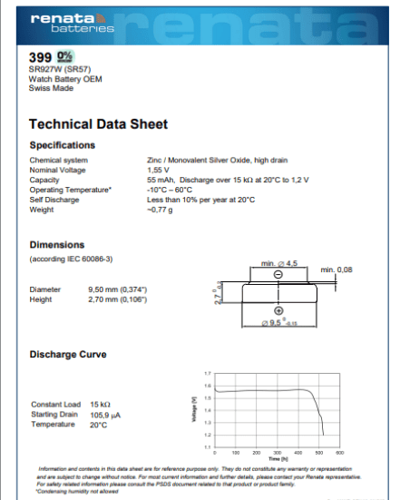 Renata 399 Watch Battery Specification